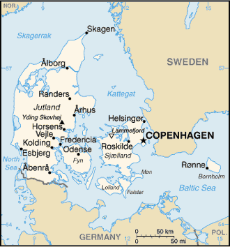 Mapa de Dinamarca y sus matrículas de coches