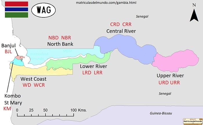 Mapa de Gambia y sus matrículas de coches