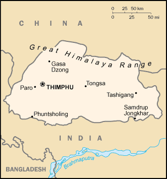 Mapa territorial global de Buthán Mapa del territorio actual de Buthán