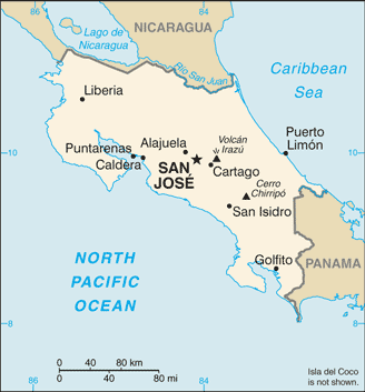 Mapa territorial global de Costa Rica Mapa del territorio actual de Costa Rica