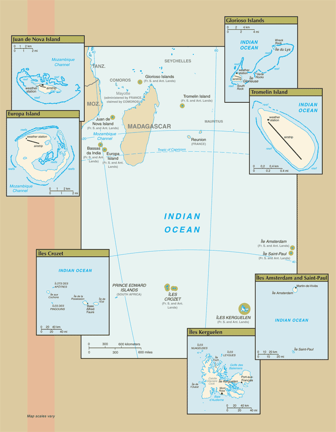 Mapa territorial global de Territorios Australes y Antárticos Franceses Mapa del territorio actual de Territorios Australes y Antárticos Franceses
