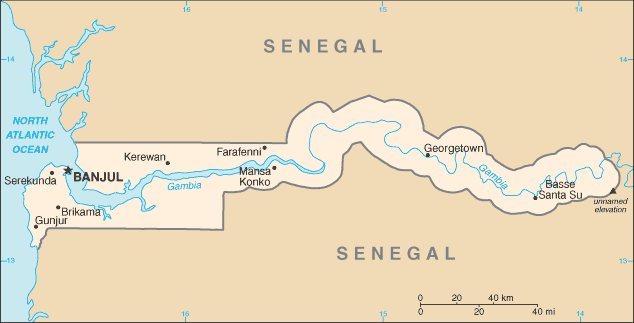 Mapa territorial global de Gambia Mapa del territorio actual de Gambia