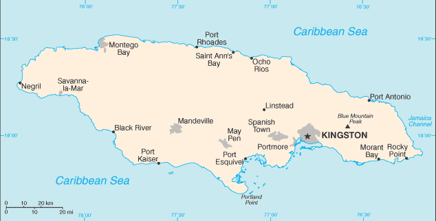 Mapa territorial global de Jamaica Mapa del territorio actual de Jamaica