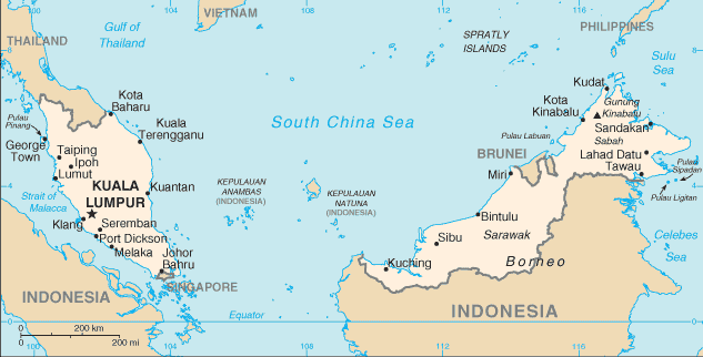 Mapa territorial global de Malasia Mapa del territorio actual de Malasia