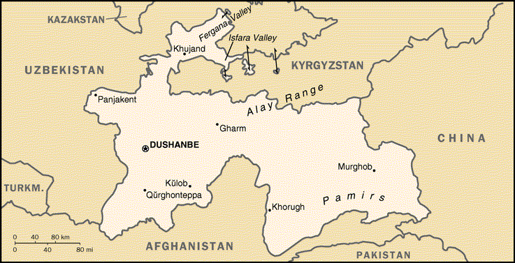 Mapa territorial global de Tadjikistan Mapa del territorio actual de Tadjikistan