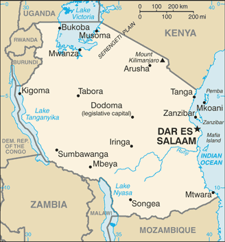 Mapa territorial global de Tanzania Mapa del territorio actual de Tanzania