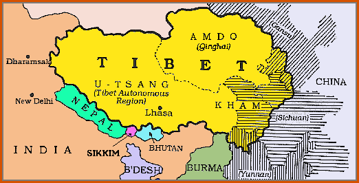 Mapa territorial global de Tibet Mapa del territorio actual de Tibet