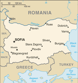 Mapa del territorio actual de Bulgaria