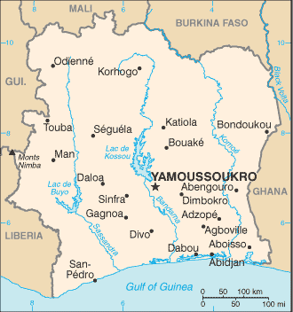 Mapa del territorio actual de Costa de Marfil