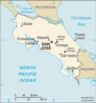 Mapa del territorio actual de Costa Rica