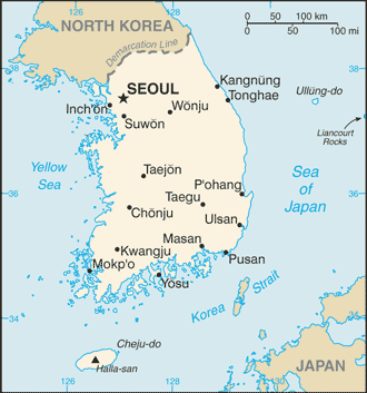 Mapa del territorio actual de Corea del sur