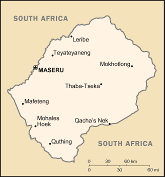 Mapa del territorio actual de Lesotho