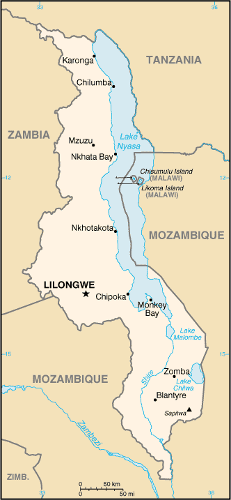 Mapa del territorio actual de Malawi