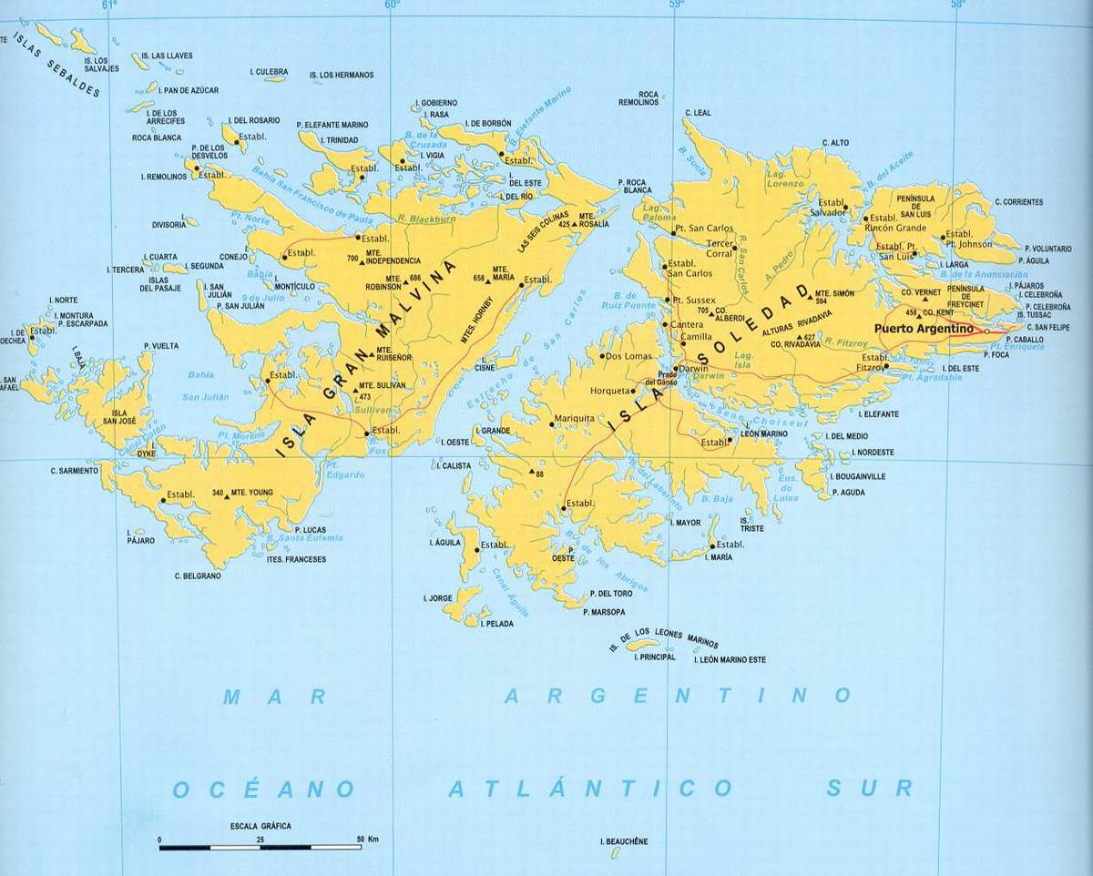 Mapa del territorio actual de Islas Malvinas
