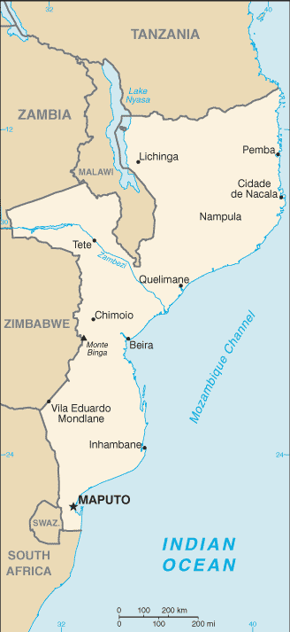 Mapa del territorio actual de Mozambique