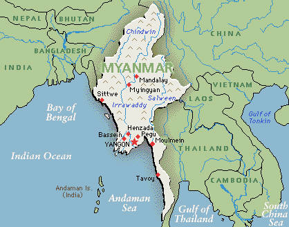 Mapa del territorio actual de Myanmar