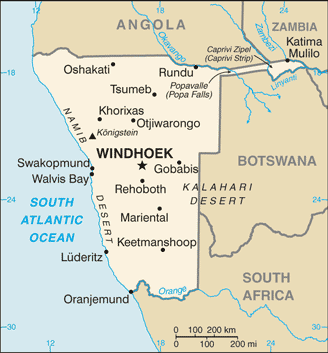 Mapa del territorio actual de Namibia