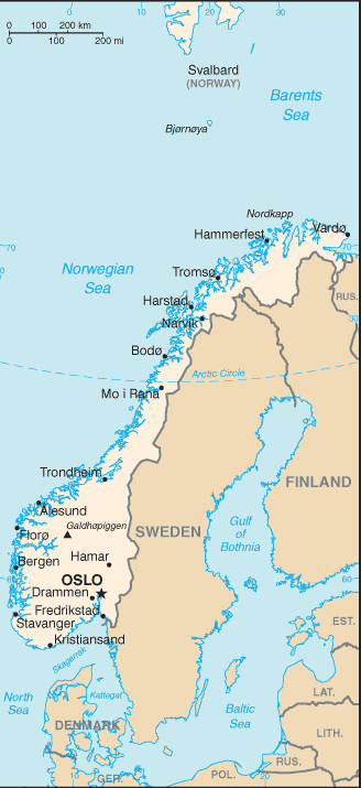 Mapa del territorio actual de Noruega