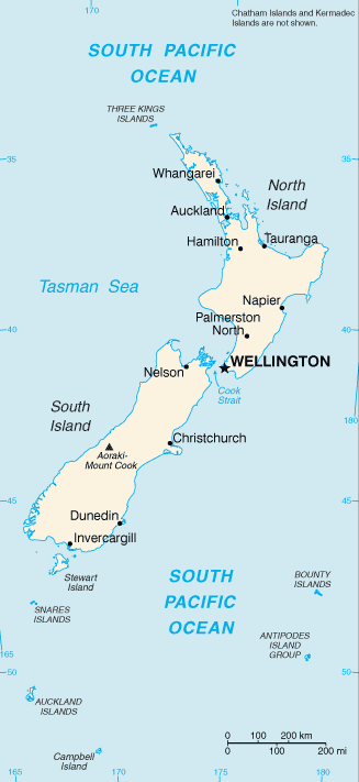Mapa del territorio actual de Nueva Zelanda
