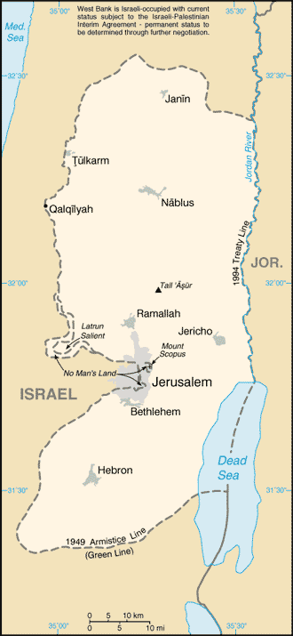 Mapa del territorio actual de Territorios Palestinos