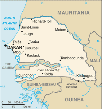 Mapa del territorio actual de Senegal