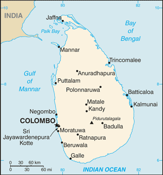 Mapa del territorio actual de Sri Lanka