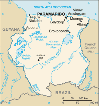 Mapa del territorio actual de Suriname