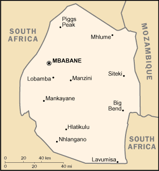Mapa del territorio actual de Swazilandia
