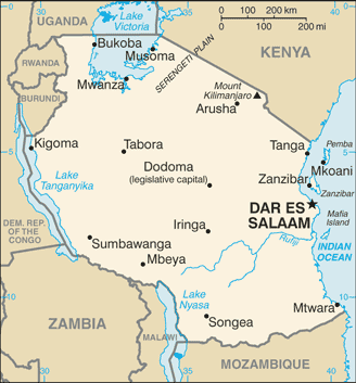 Mapa del territorio actual de Tanzania