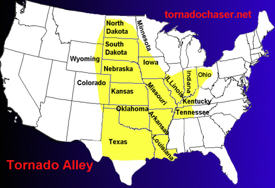 Mapa del territorio actual de Tornado Alley
