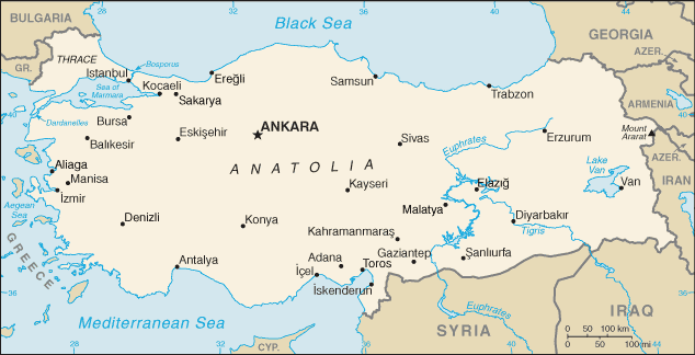 Mapa del territorio actual de Turquía