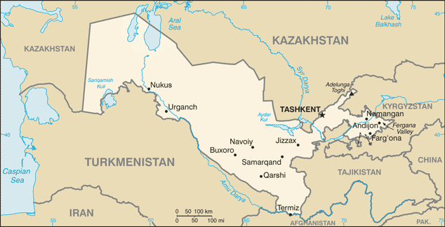 Mapa del territorio actual de Uzbequistán