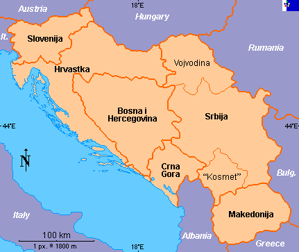 Mapa del territorio actual de Yugoslavia