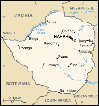 Mapa del territorio actual de Zimbabwe